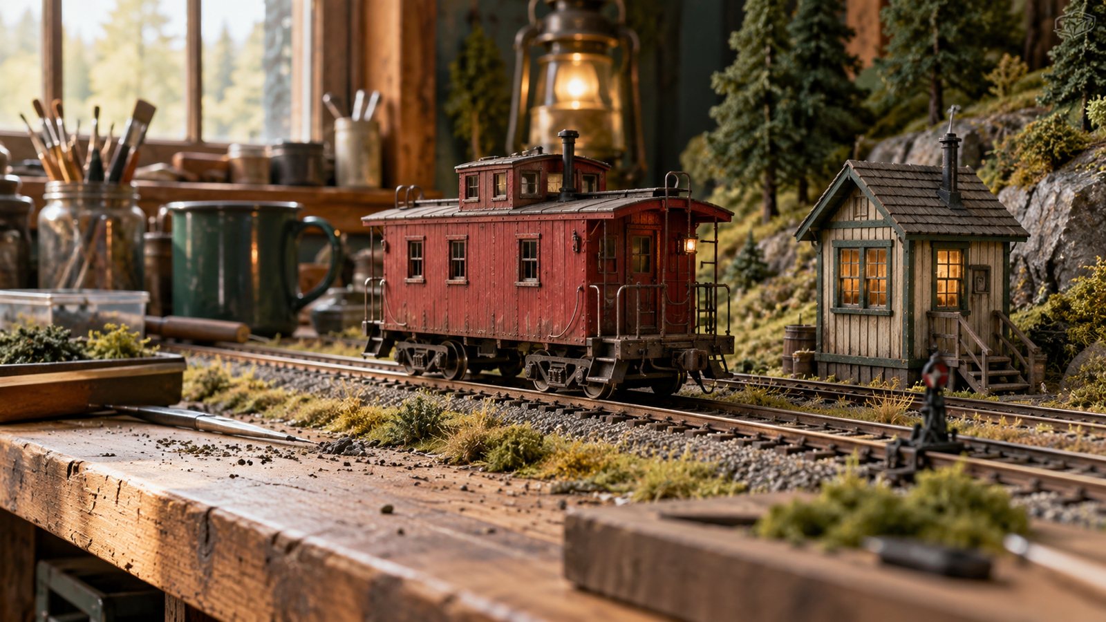 A miniature railway on a model-making workbench